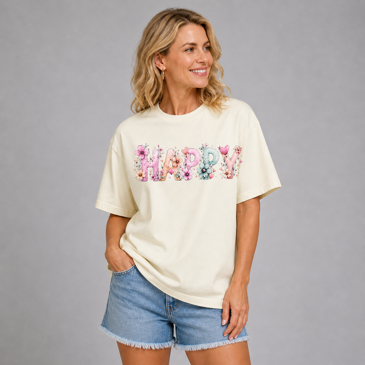 Long T-shirt with Happy flower Print to Front and Back