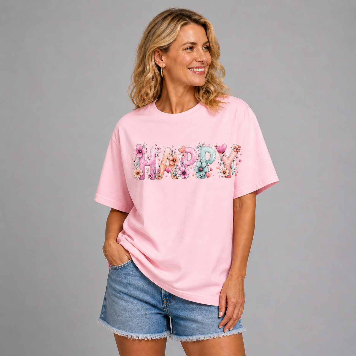 Long T-shirt with Happy flower Print to Front and Back