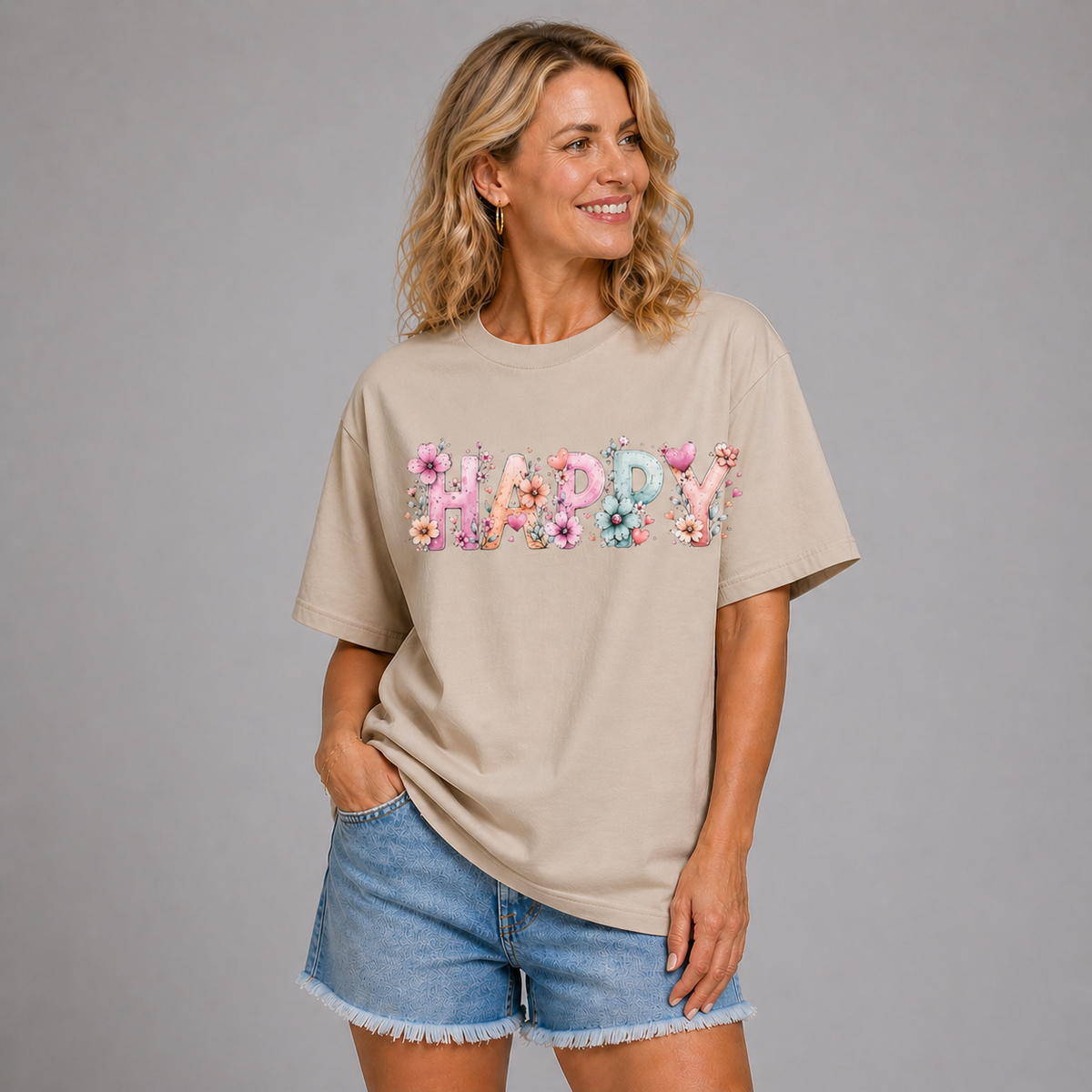 Long T-shirt with Happy flower Print to Front and Back