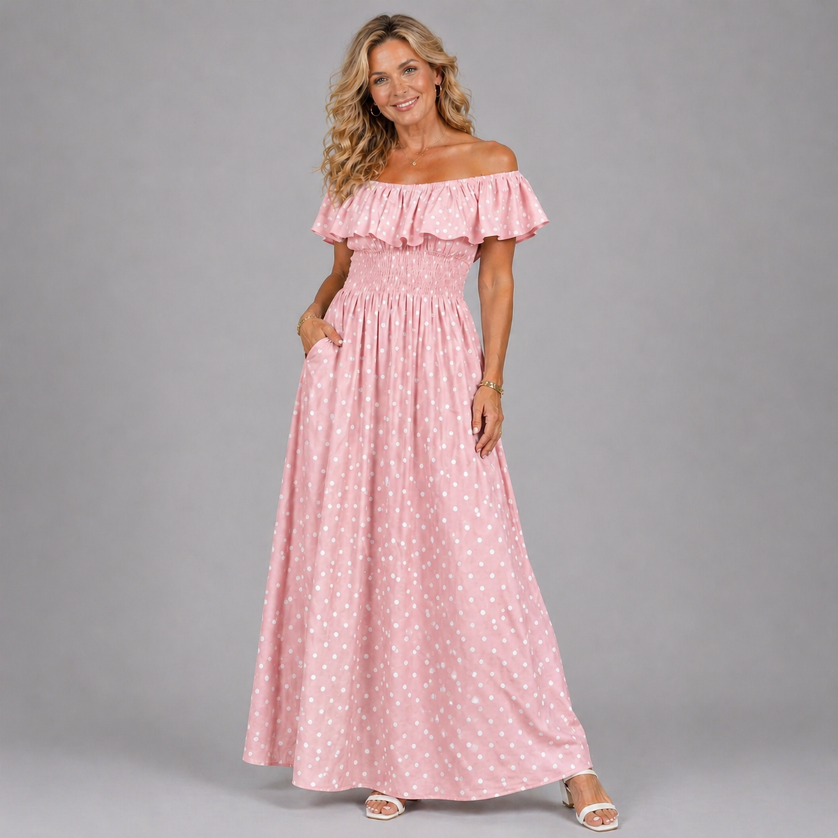 Polka dot frilled Bardot maxi dress