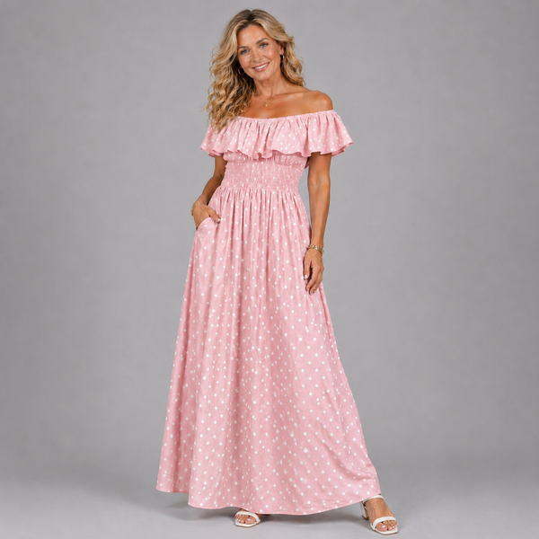 Polka dot frilled Bardot maxi dress