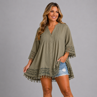 Loose-Fit Blouse with Crochet Hem & Sleeves