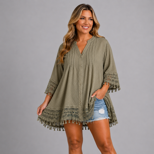 Loose-Fit Blouse with Crochet Hem & Sleeves
