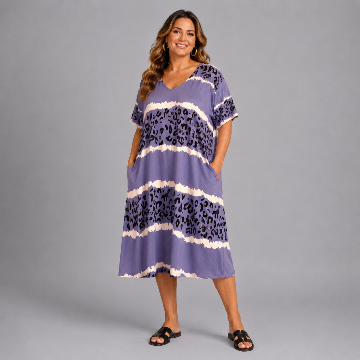 Leopard Panel V-Neck Swing Dress with Pockets