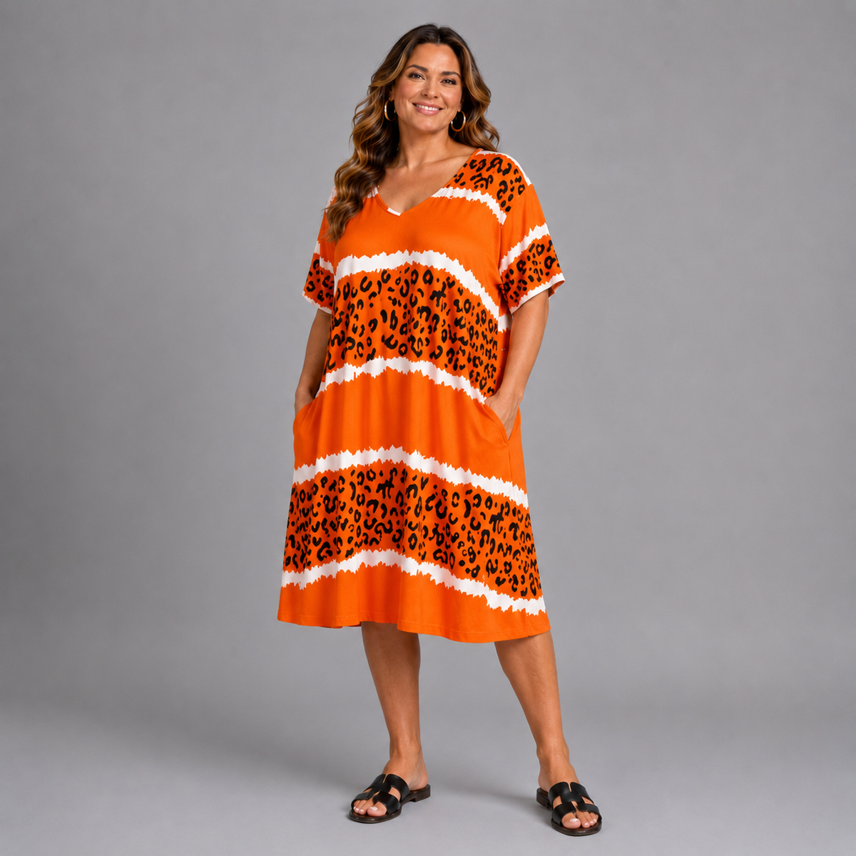 Leopard Panel V-Neck Swing Dress with Pockets