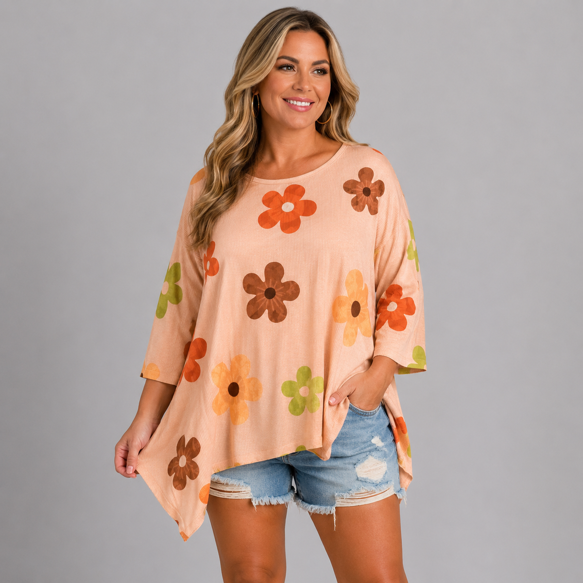 Ribbed Large Flower Hanky Hem Long Sleeve Top