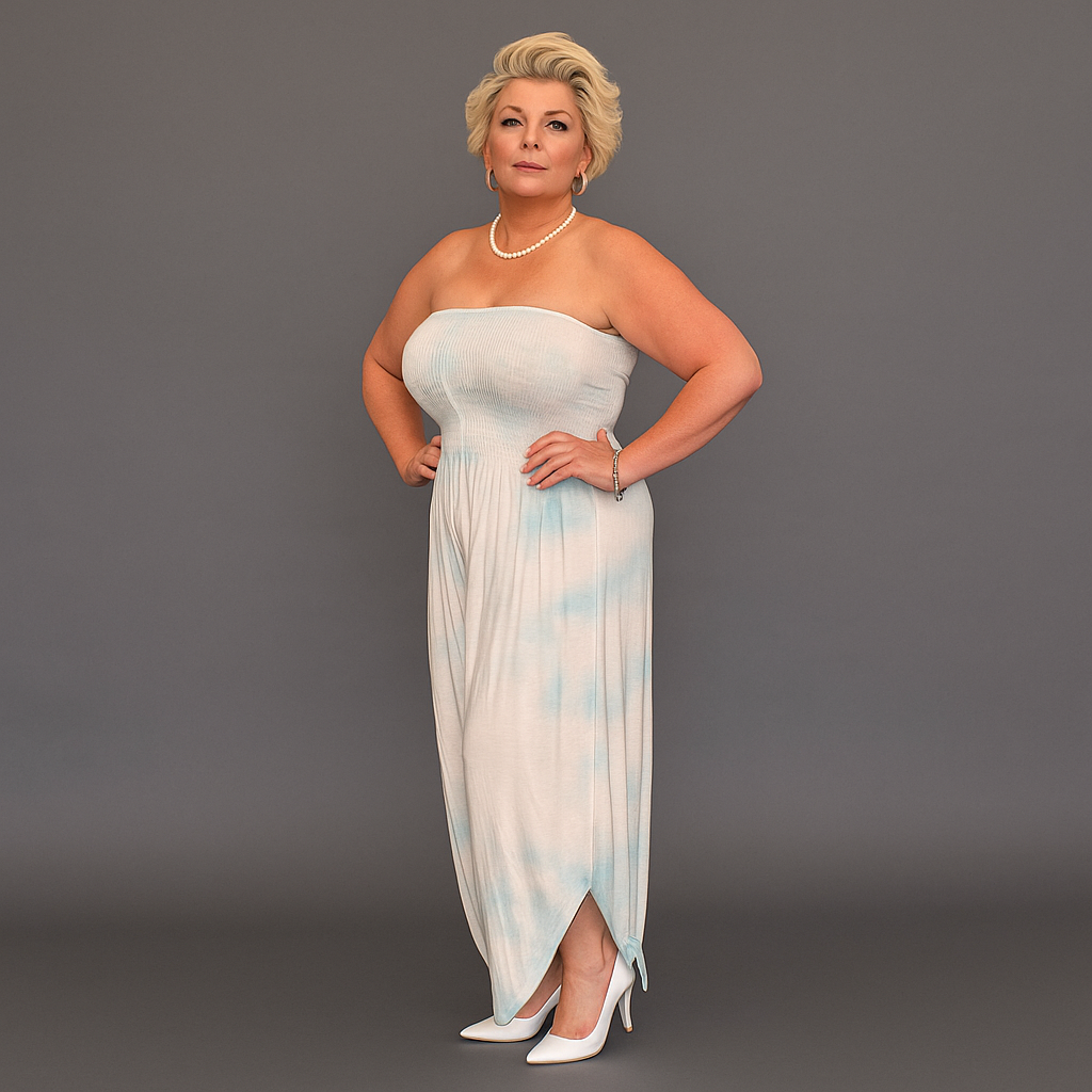 Tie Dye Strapless Boob Tube Jumpsuit with V Hem to Legs