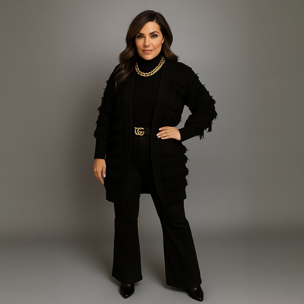 Tassel Covered Open Front Duster Cardigan