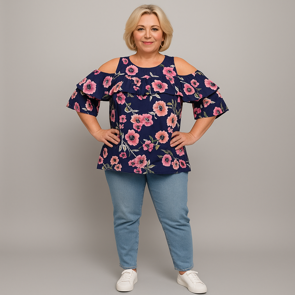 Blue Pink Floral Open shoulder blouse with Front Frill