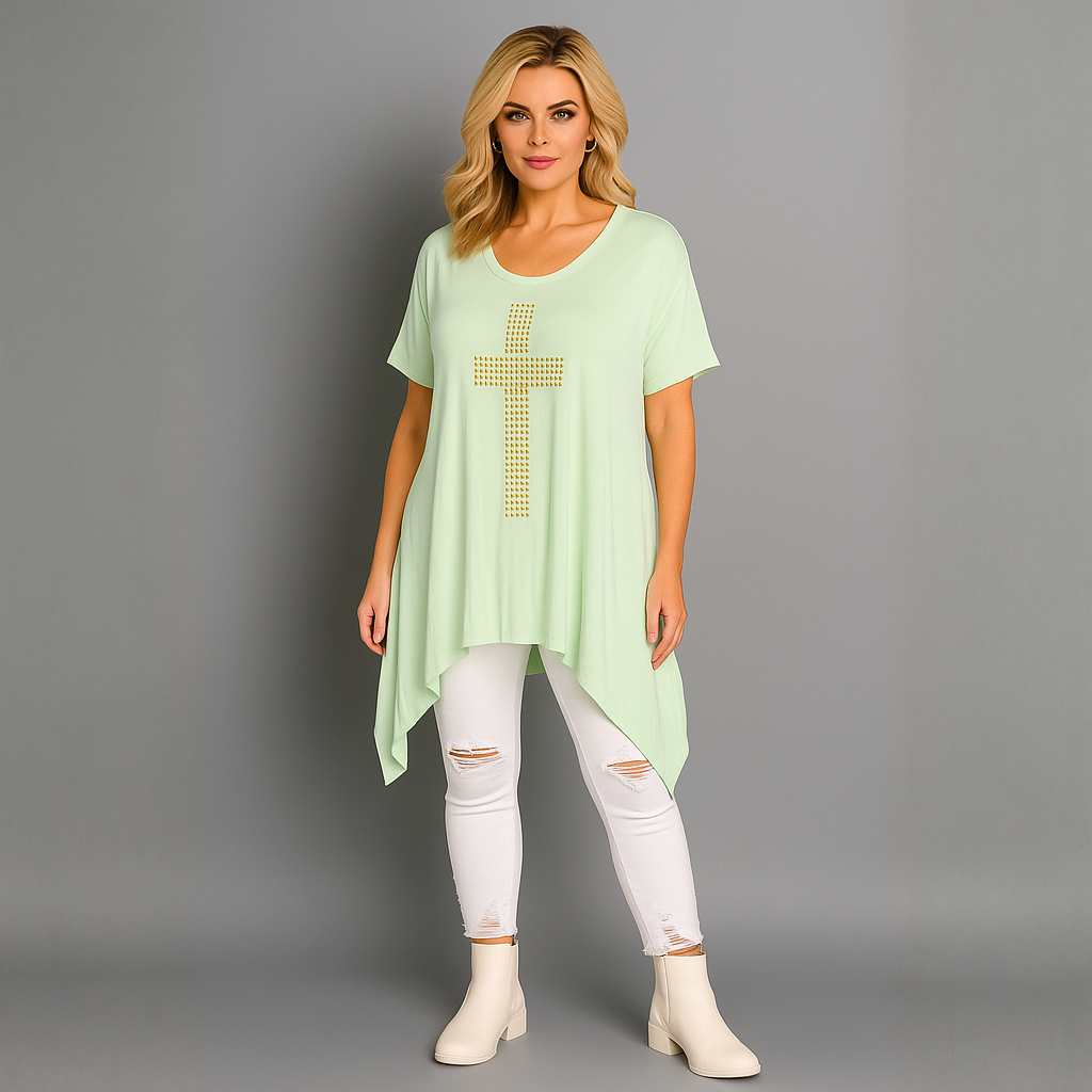 Short Sleeve Handkerchief Hem Top with Studded Cross Detail