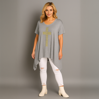 Short Sleeve Handkerchief Hem Top with Studded Cross Detail