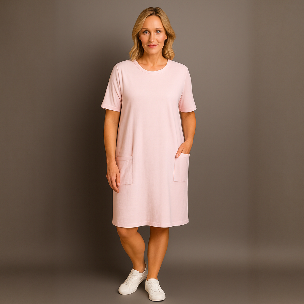 Short Sleeve Straight Cut Dress with Front Pockets