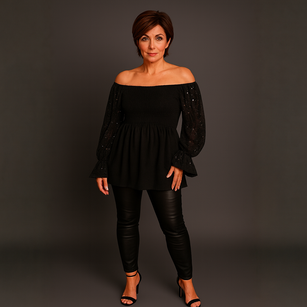 Sequin Sleeve Smocked Front Peplum Party Top