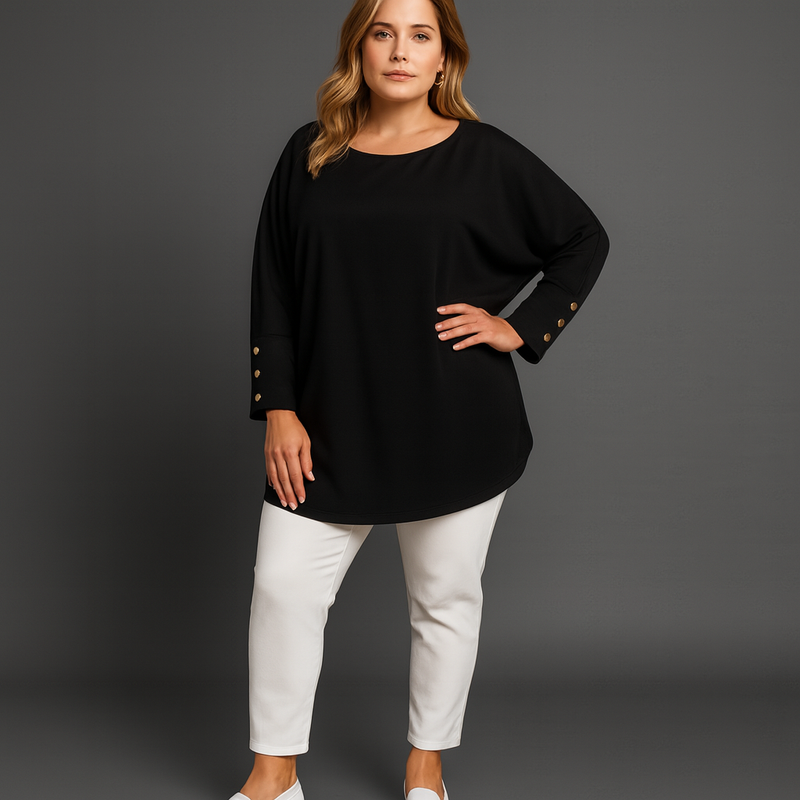 Batwing Button Cuff Long Length Blouse with Cut-Out Back