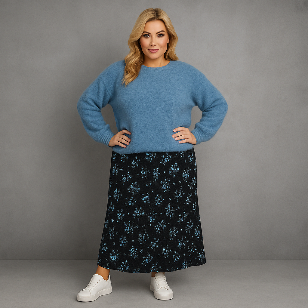 Black Blue Floral Elastic Waist Maxi Skirt