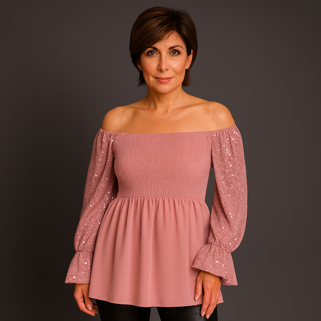 Sequin Sleeve Smocked Front Peplum Party Top