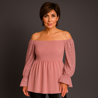 Sequin Sleeve Smocked Front Peplum Party Top