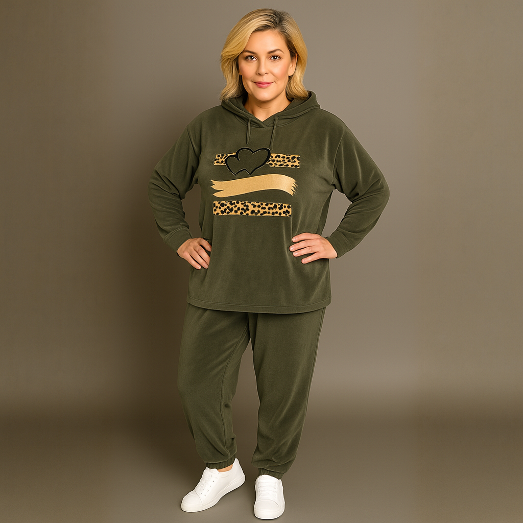 Velour Hoodie Tracksuit with Leopard + Hearts