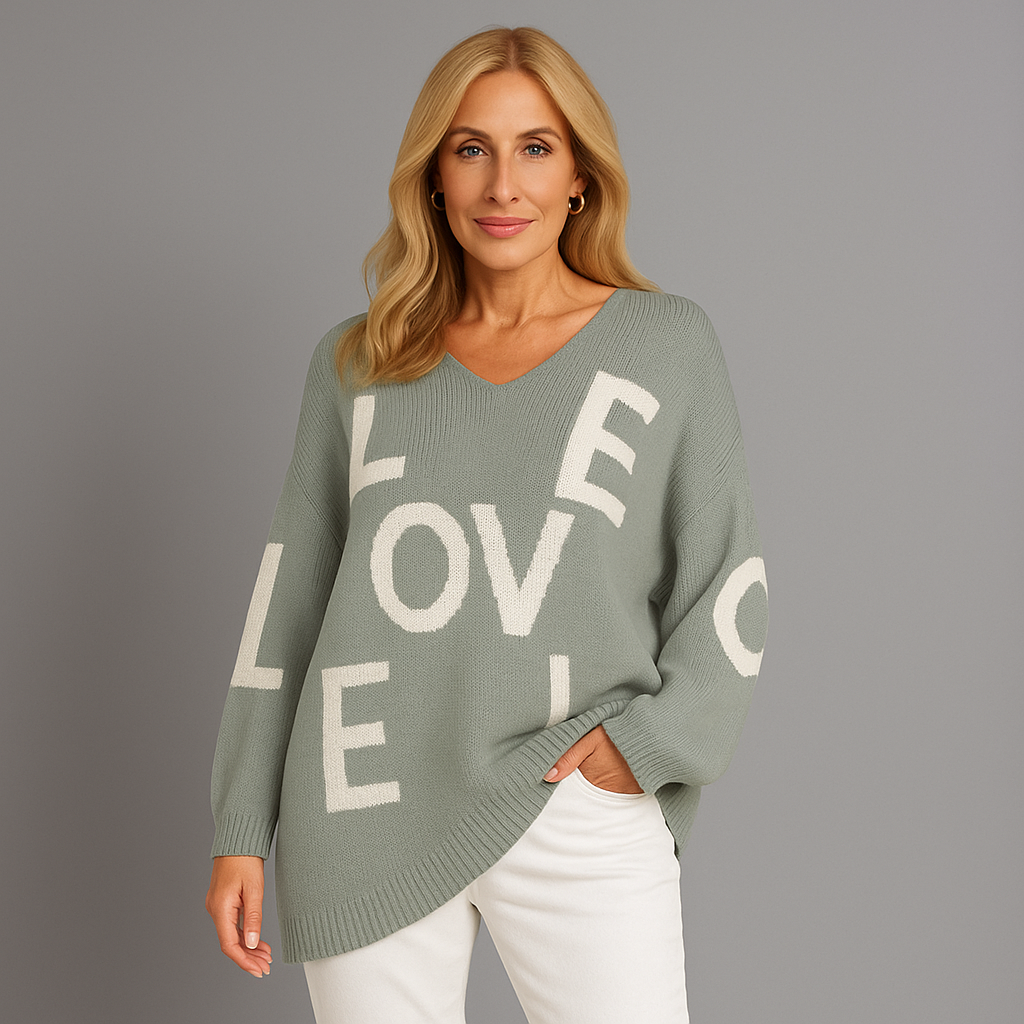 Oversized V-Neck Knitted Jumper With Love Print