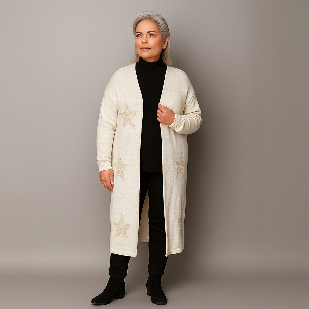 Long-Length Duster Cardigan with Gold Stars