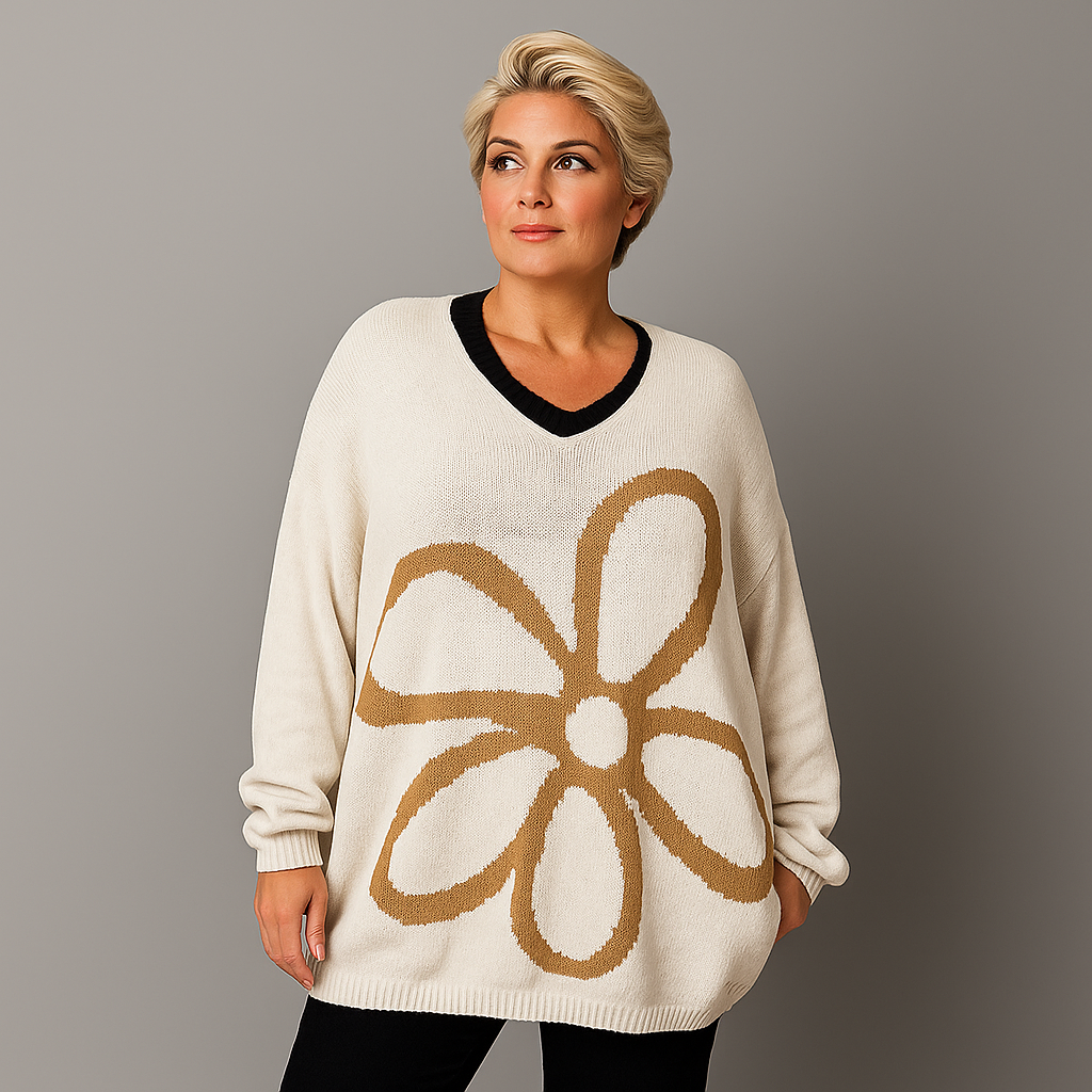 Oversized V-Neck Knitted Jumper with Large Flower