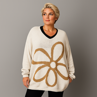 Oversized V-Neck Knitted Jumper with Large Flower