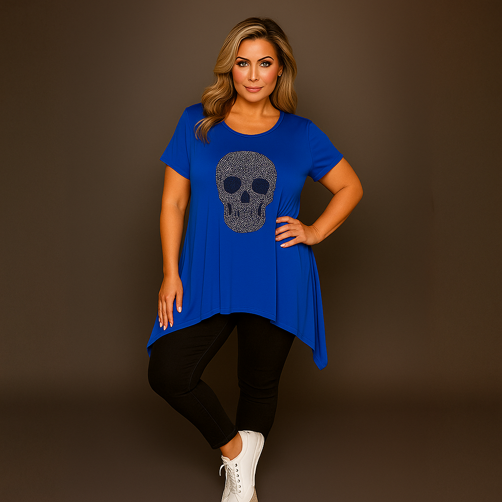Short Sleeve Hanky Hem Studded Skull Long Length Top