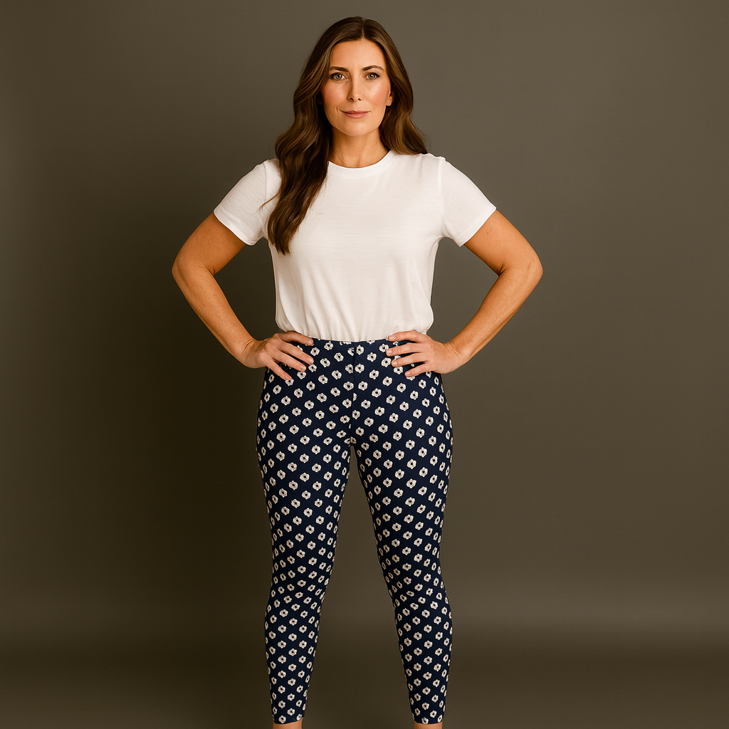 Navy Blue & White Flower Print High Rise Leggings