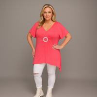 Hanky Hem Short Sleeve V‑Neck Top with Circle Brooch