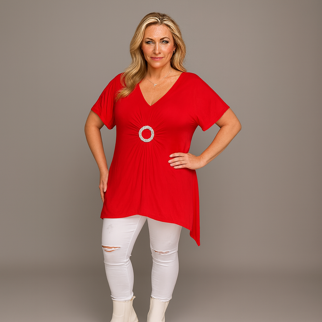 Hanky Hem Short Sleeve V‑Neck Top with Circle Brooch