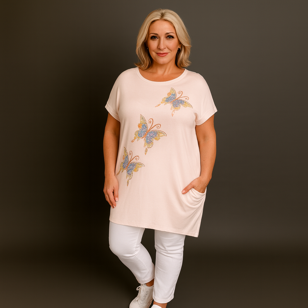 Sequin Butterfly Dipped Hem Top with Pockets