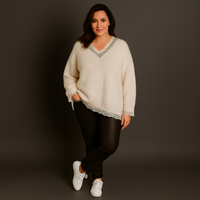 Super Soft V neck Jumper with Lace and Jewels