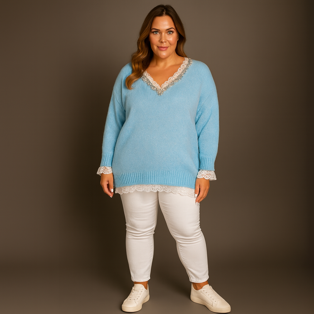 Super Soft V neck Jumper with Lace and Jewels