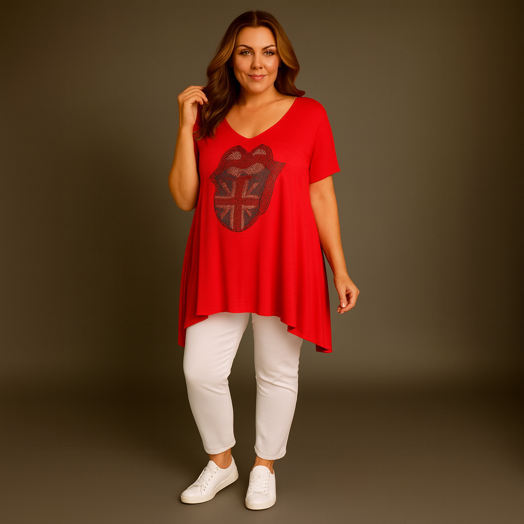 Rhinestone Lips + Union Jack Hanky Hem Swing Top