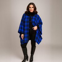 Tartan Fleece Oversized Poncho / Cape with Faux Fur Collar