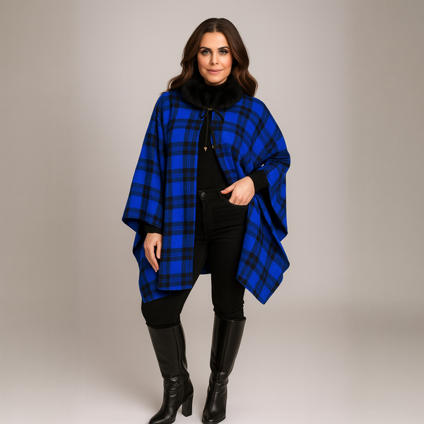 Tartan Fleece Oversized Poncho / Cape with Faux Fur Collar