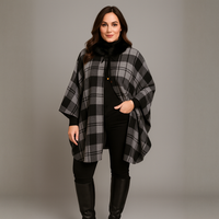 Tartan Fleece Oversized Poncho / Cape with Faux Fur Collar