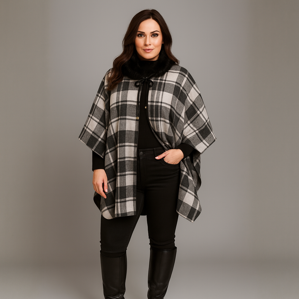 Tartan Fleece Oversized Poncho / Cape with Faux Fur Collar