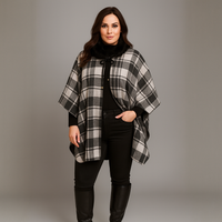 Tartan Fleece Oversized Poncho / Cape with Faux Fur Collar
