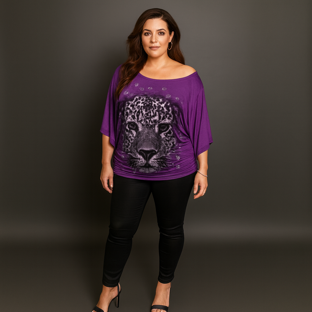 Batwing Oversized Off-Shoulder Sparkly Leopard Print Top