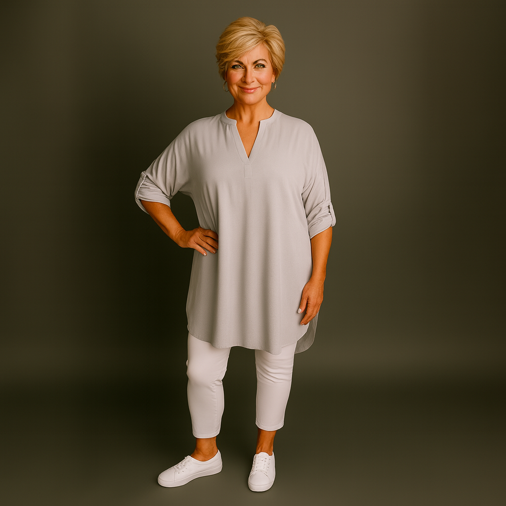 Plus‑Size V‑Neck Long Dipped Hem Top with Button Sleeves