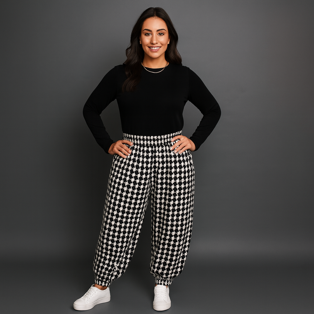 Black White Dogtooth Print Harem Pants