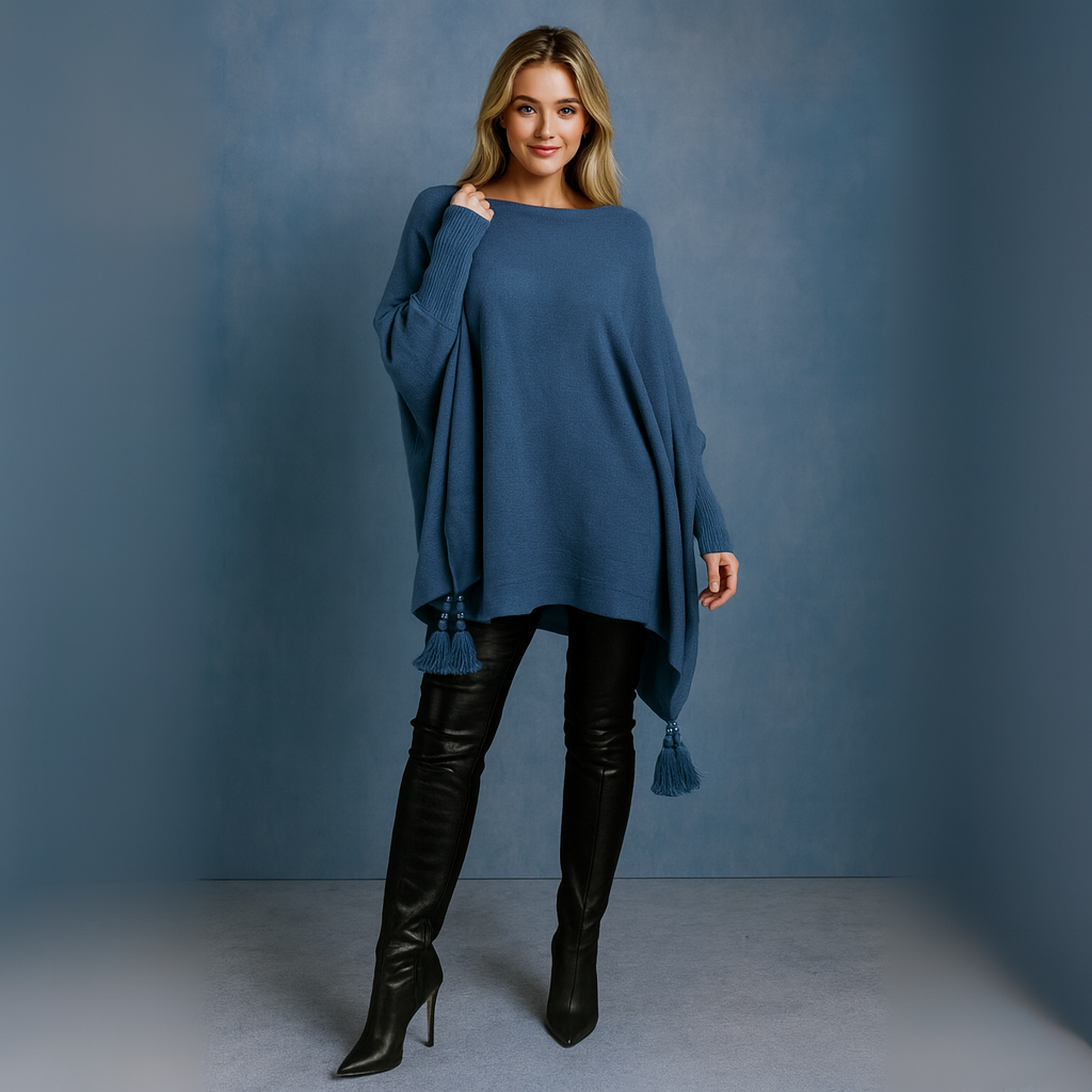 Slash Neck Oversized Jumper with Tassle Detail