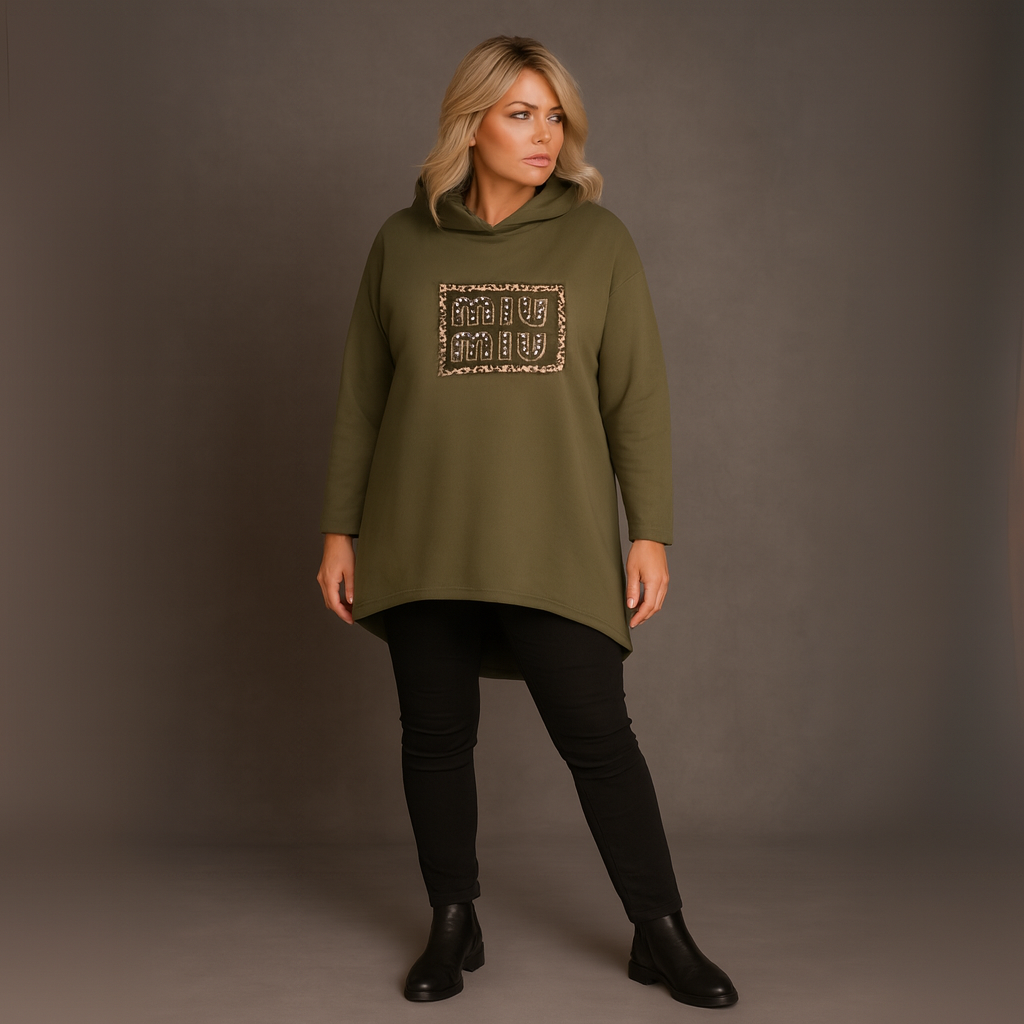 Pearl Studded Dipped Hem Long Sleeve Hoodie