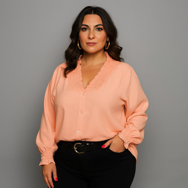 Smocked V‑Neck Long Sleeve Blouse
