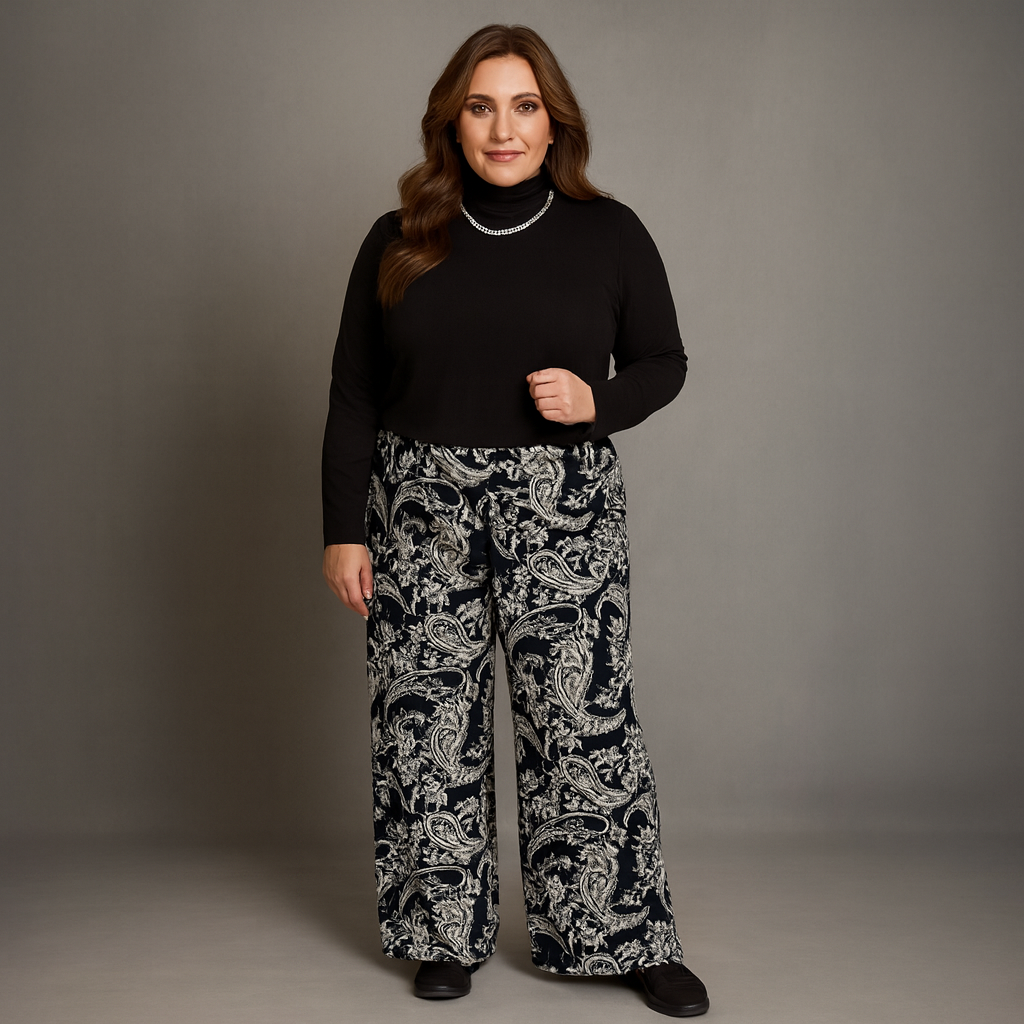 Black Taupe Paisley Palazzo Trousers