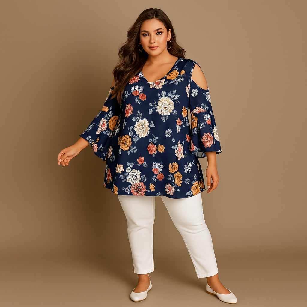 Blue Floral Open shoulder blouse with 1/2 bell sleeves