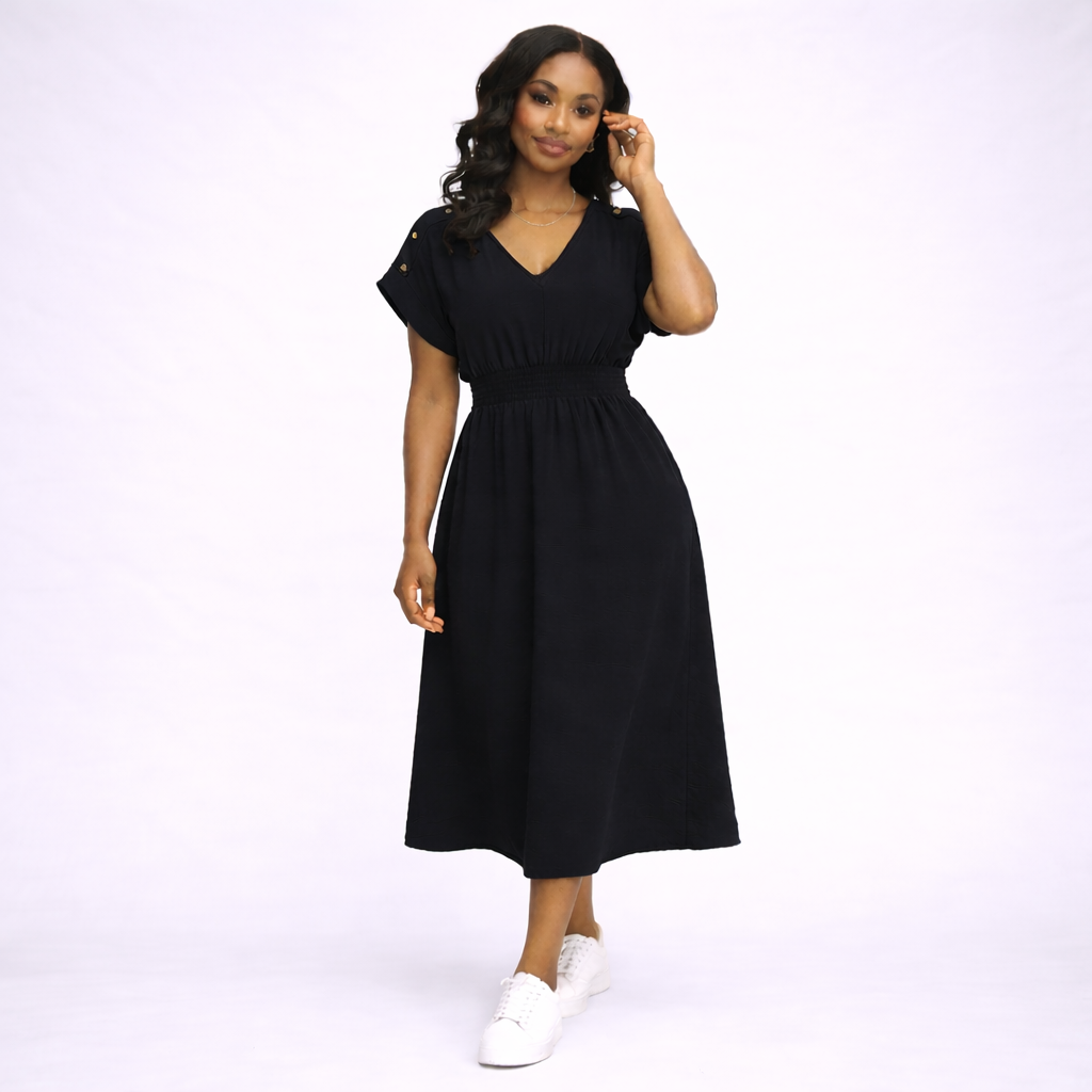V Neck Elastic Waist Pocket Maxi Dress