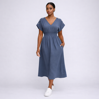 V Neck Elastic Waist Pocket Maxi Dress