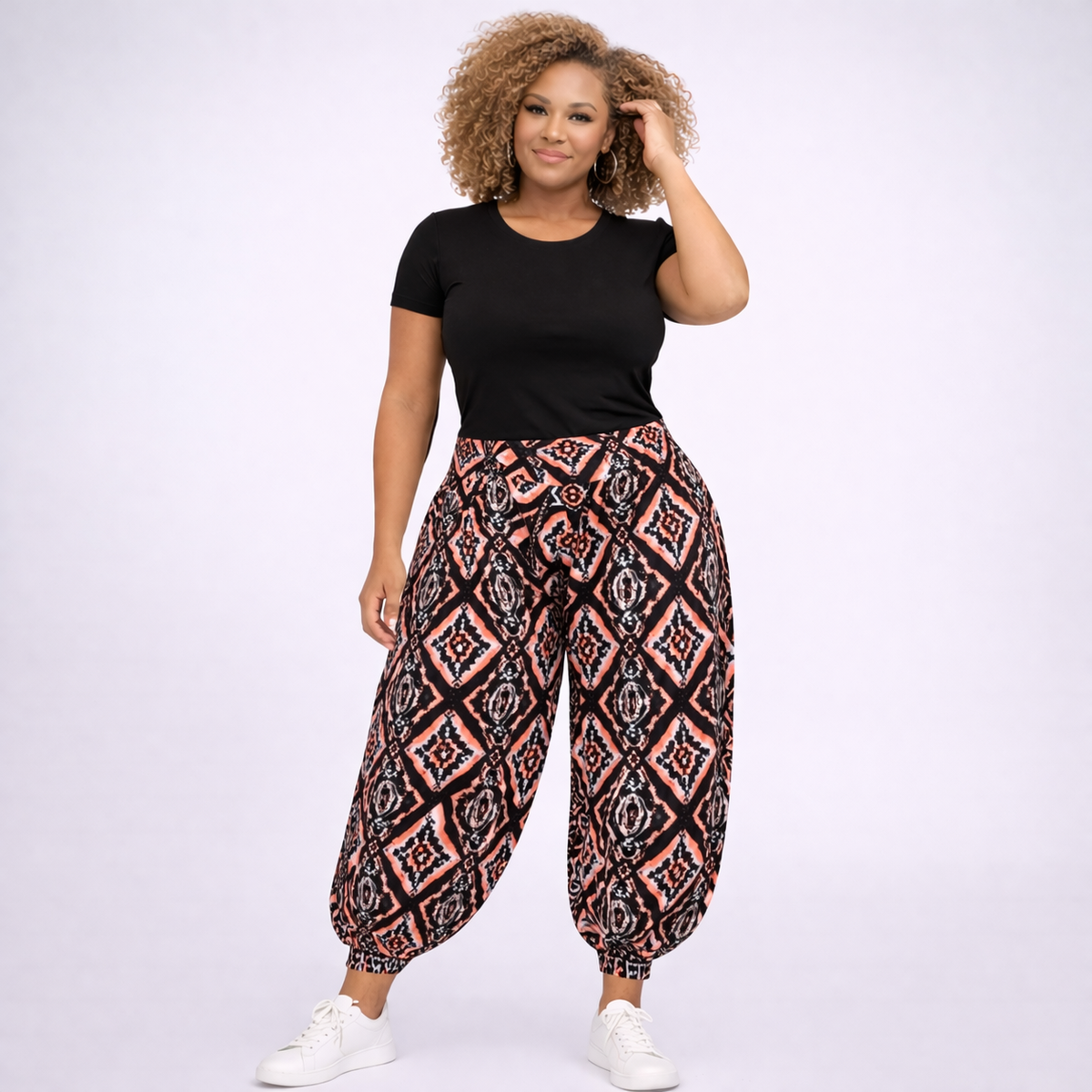 Black & Orange Tile-Print Harem Pants Plus-Size